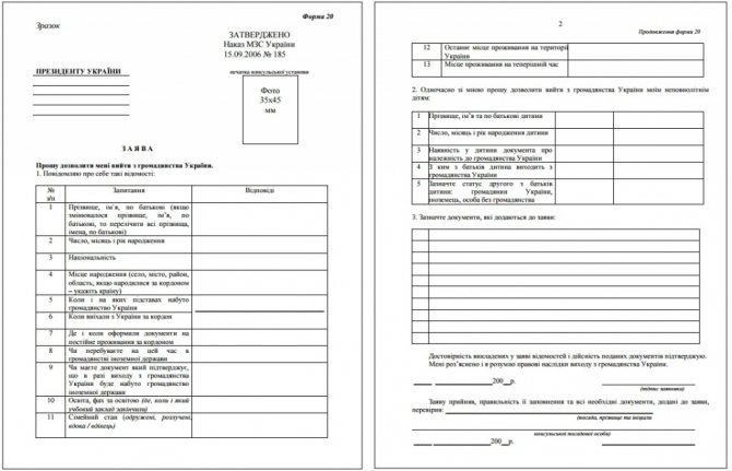 Образец бланка заявления на отказ от гражданства Украины. Форма 20